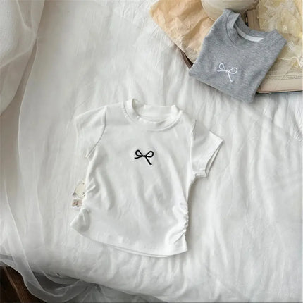 Korean Summer Bowknot Casual Short Sleeve T-shirts for Kids 0-12 Years Cotton Toddler Girl Tops Baby Girls Tees Students Clothes