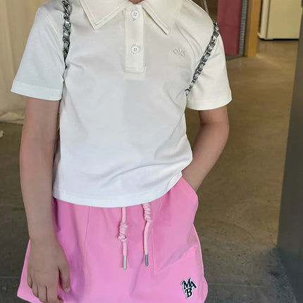 2025 Korean version children's temperament collar POLO half sleeved T-shirt for girls and babies, casual shoulder letter short s