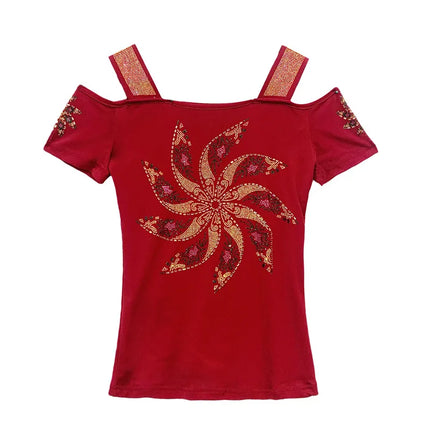 New Summer European Clothes Women's T-Shirts Luxury Butterfly Hot Diamonds Tees Sexy Streetwear Off-Shoulder Tops Shirt