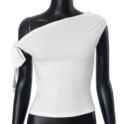 2024 Women's Summer Ins Style New Shrink Pleated One-Shoulder Crop Top Backless Twist Tie Asymmetric T-Shirt Casual Top