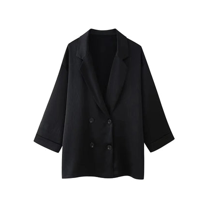 Women's Double-Breasted Loose Blazer Coat and High Elastic Waist Wide Leg Pants, Female Two Piece Sets, Fashion