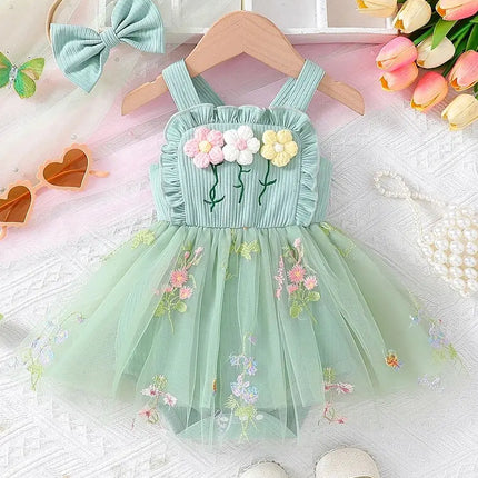 2025 Summer Baby Girl Netted Dress with Korean Style 3D Flower Embroidery Straps and Matching Headband 2-Piece Set