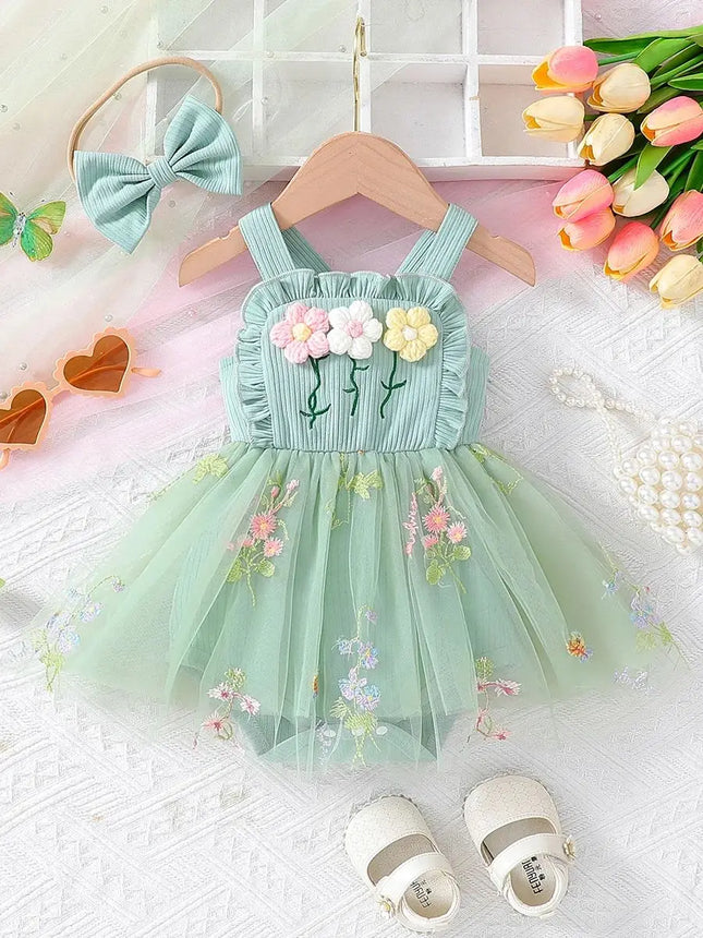 2025 Summer Baby Girl Netted Dress with Korean Style 3D Flower Embroidery Straps and Matching Headband 2-Piece Set