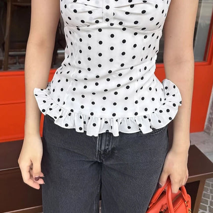 Weird Puss Polka Dot Print Top Women Halter Low-Neck Bandage Ruffles Backless Sleeveless Skinny Summer Trend Street Basic Vest