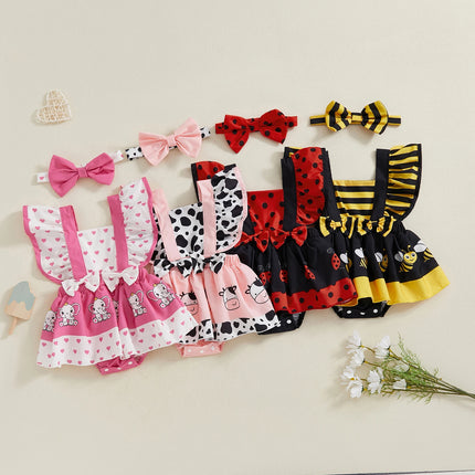 FOCUSNORM 0-18M Lovely Baby Girls Rompers Dress 4 Colors Bee/Ladybug/Cow/Elephant Print Fly Sleeve Jumpsuits with Headband