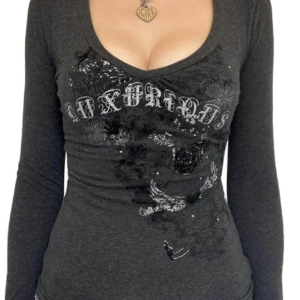 Women Long Sleeve T-shirt Graphic Gothic Print Punk Grunge Y2K Aesthetic Tee Tops Spring Fall Shirts