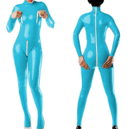 Sexy Faux Leather Jumpsuits for Women High Collar Zipper Open Crotch Open Chest Wet Look Bodysuits Nightclub Clothing Custom