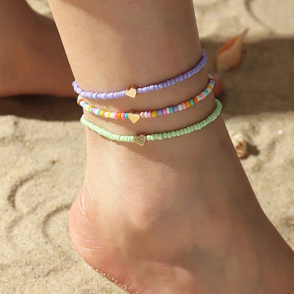 1 Set Bohemia Summer Colorful Rice Beads Heart Beads Ankle For Women Boho Ocean Barefoot Beach Leg Bracelet Anklet Set Female