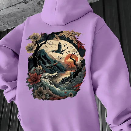 Oversized Unisex Hoodie Oriental Mountain Bird Flower Sunset Back Print 2026 Spring Ulzzang Y2K Viral Street Sweatshirt