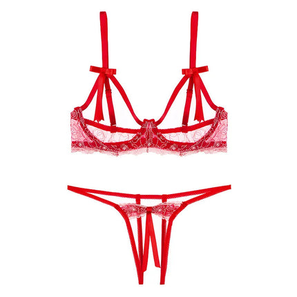 Porno Openwork Sexy Lingerie Set Lace Perspective Steel Tray Bra Open Crotch Thong Women Underwear Exposing Breasts Lingerie Set