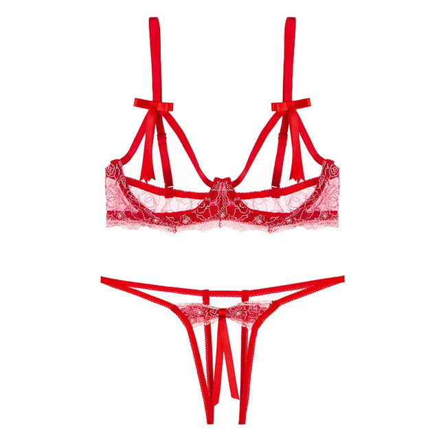 Openwork Sexy Lingerie Set Lace Perspective Steel Tray Bra Open Crotch Thong Women Underwear Exposing Breasts Lingerie Set