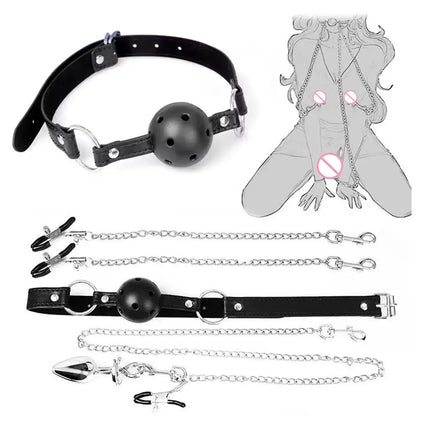 Safe and Comfortable SM Pleasure Set Mouth Plugs Nipple Clamps Anal Plugs Female Pleasure Chains Adult Sex Toys for Women