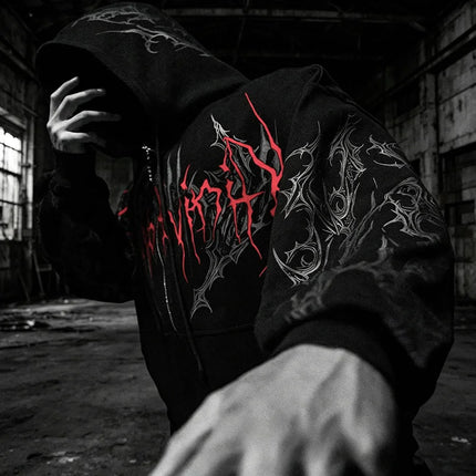 Men Gothic Skull Thorn Graphic Full Zip Up Hoodie Fleece Lined Long Sleeve Winter Punk Goth Streetwear Oversized Sweatshirt