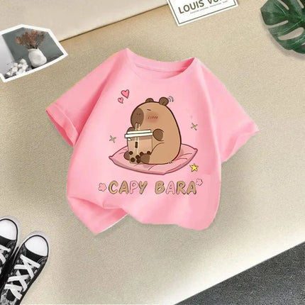 Summer Cartoon Capybara Pattern Print Children's Short-Sleeved Shirt Kid Fashion Cotton T-shirt Boy Girl Comfortable Top Clothes