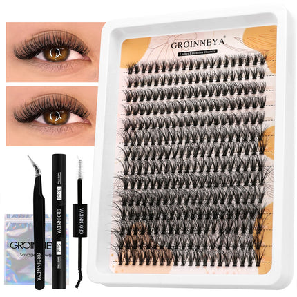 GROINNEYA Lash Clusters Kit Fluffy Volume Eyelash Clusters D Curl Cluster Eyelash Extensions 3D Wispy Lashes Clusters Makeup
