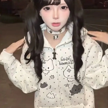 Autumn Winter Sweet Cute Cat Ear Hooded Hoodie Women Casual Kawaiii Polka Dot Print Design Coat Elegant Fashion Loose Jacket New