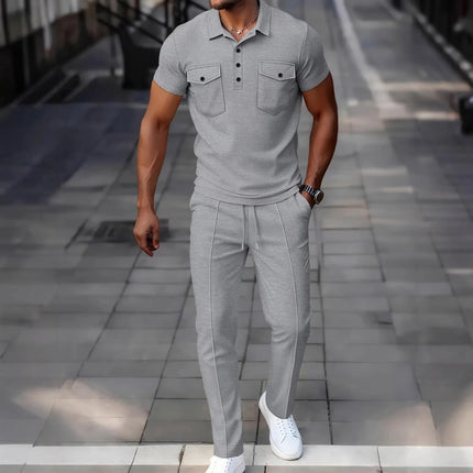 Men's Waffle Knit 2 Piece Set Double Pocket Polo Shirt & Slim Fit Pants Casual Tracksuit