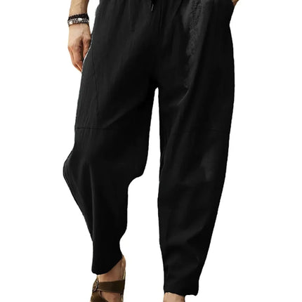 Men's Cotton Linen Pencil Pants Summer Loose Elastic Waist Hip Hop Trousers Solid Color Breathable Casual Joggers
