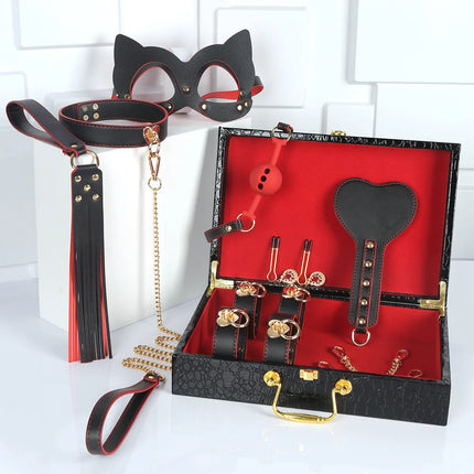 Slave Roleplay Set Leather Handcuffs Ankle Cuffs Ball Gag Mask Whip Collar Leash Sex Toys for Women Couples BDSM Bondage Kit