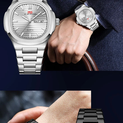 VA VA VOOM Square Luxury Men Wristwatch Waterproof Luminous Date Stainless Steel Male Clock Business Sports Quartz Watch for Men
