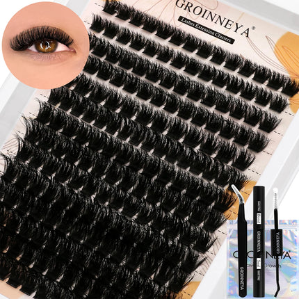 GROINNEYA Lash Clusters Kit Fluffy Volume Eyelash Clusters D Curl Cluster Eyelash Extensions 3D Wispy Lashes Clusters Makeup