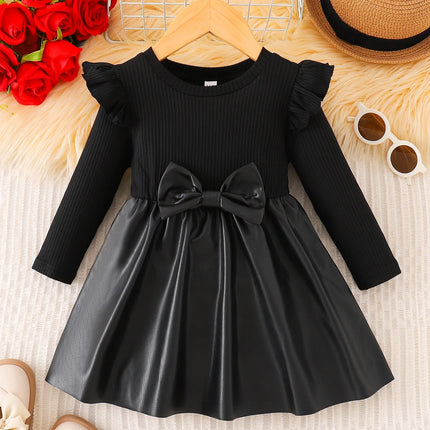 Spring/Autumn Baby Girls' Round-Neck Dress with Bow Decor and Leather Patchwork Long-Sleeved Casual Dress