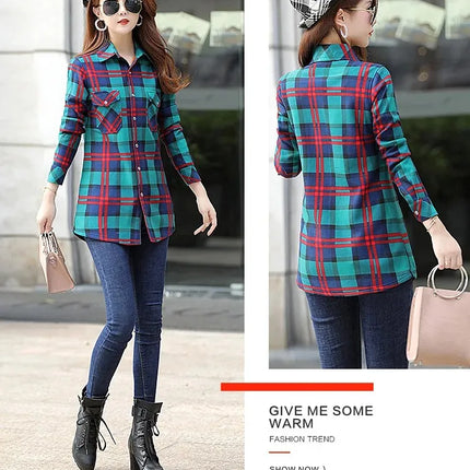 Thickened Fleece Women's Long Sleeve Shirt Warm Slim Fit Midi Length Plaid Korean Style Fashionable Women's Button-up Top