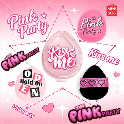 MINIISO Pink Party Series Thumb Powder Puff 3-Pack Combo - Comes with Storage Box for Portable and Easy Storage