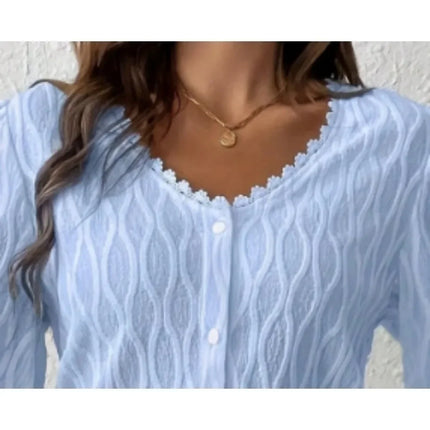 Plus Size 1XL-5XL New Women's V-neck Lace Trimmed Front Round Neck Long Sleeved Blouse Women Casual Long Sleeved Lapel Shirt