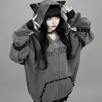 Korean Fashion Sweatshirts Harajuku Gothic Printed Coats Jackets Subculture Vintage Faux Fur Hooded Women Casual Y2k Clothing