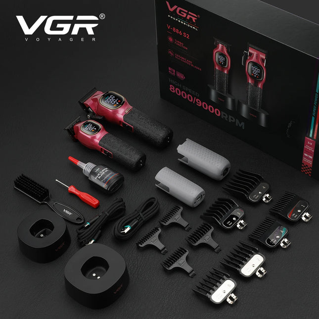 VGR V-886 S2 new high-end hair clipper two-piece set alloy blade hair trimmer metal body 9000 RPM oil head carving push shear