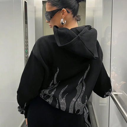 Autumn and Winter Y2K Trend Street Flame Hot Drill Loose Zip Hooded Sweater Men and Women Couple Foreign Trade Wholesale