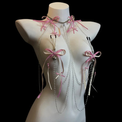 New Pink Tassel Bow Nipple Clips Bell Body Chains Erotic Accessories Detachable One-Piece Necklace Fetish Adult Sex Toys Breast