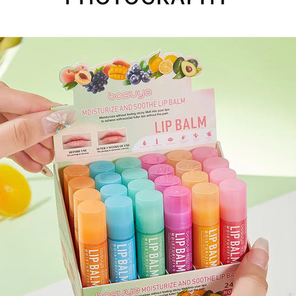 24Pcs Fruit Series Lip Balm Set Honey Grape Avocado Moisturizing Repair Anti-Cracked Non-sticky Lip Balm for Lips Skin Care