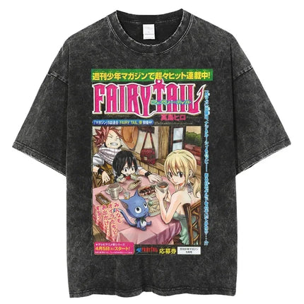 FAIRY TAIL Anime Manga Peripherals T-shirt Natsu Lucy Happy Gray Graphic Print Washed Vintage Short Sleeve Men Women Cotton Tee