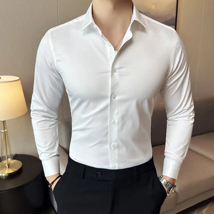 Seamless silk business casual shirt, long sleeved white non ironing elastic silk sliding cross shirt, men's formal wear