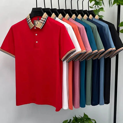 Men's high-end silky cotton breathable short-sleeved polo shirt, new summer trend, plaid lapel, designer brand, casual golf T-shirt
