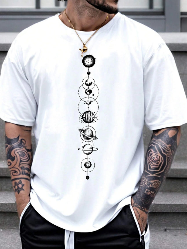 Men's Summer 100% Cotton Fashionable Casual Loose-fit Round Neck Space Planet Pattern Short-Sleeved T-Shirt Top