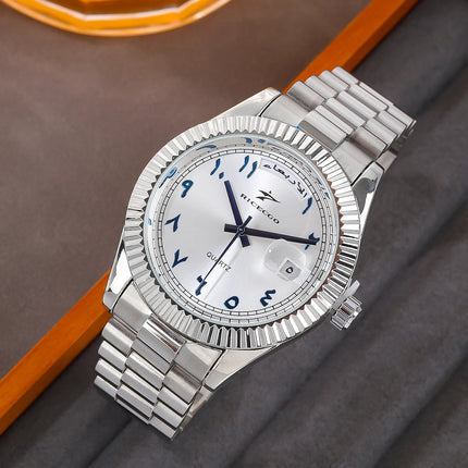 Business quartz watch with Arabic numeral markers, date display, textured dial, and bezel design, suitable for both business and leisure.