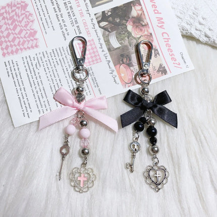 Gothic Cross Love Heart Skull Key Pendant Keychain for Women Trend Black Bowknot Key Ring Female Halloween Y2K Jewelry