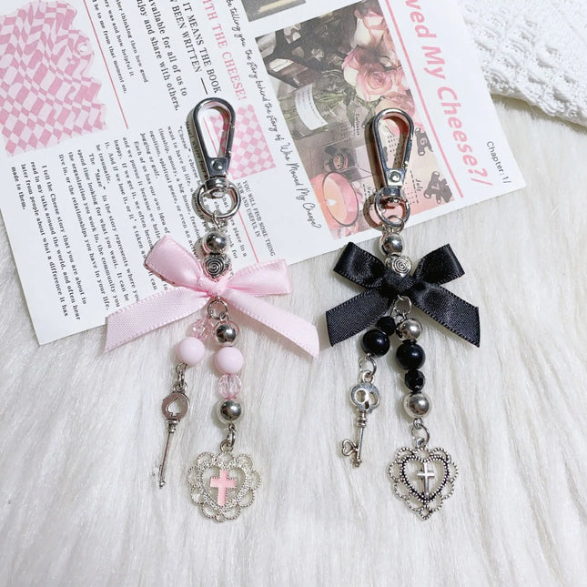 Gothic Cross Love Heart Skull Key Pendant Keychain for Women Trend Black Bowknot Key Ring Female Halloween Y2K Jewelry
