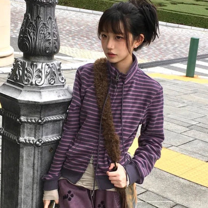 Tonngirls Y2k Japanese Sweatshirts Women Long Sleeve Striped Stand Collar Sweatshirt High Street Graphic Winter Coats E-girls