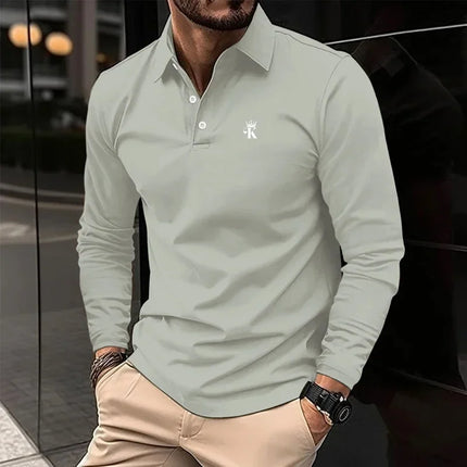 Men's polo shirt, casual sports, lapel, long-sleeved T-shirt, basic fashion, color blocks, patches, buttons, suitable for spring