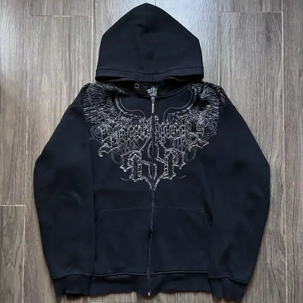 Y2K Harajuku Affliction Hoodie Retro Wing Pattern Printing Oversize Zipper Coat Men Women Hip Hop Personality Casual Sweatshirt