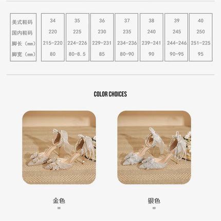 Spring Pointed Toe Party Wedding Shoes for Women, Bride Bow Thick Heel Silver Sequin Fairy Lolita Style Single Shoes