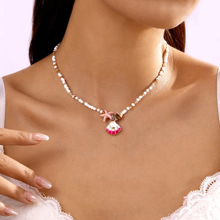 Bohemian Mixed Color Rice Beads Necklace for Women Sea Shell Conch Starfish Pendant Beaded Clavicle Choker Beach Party Jewelry