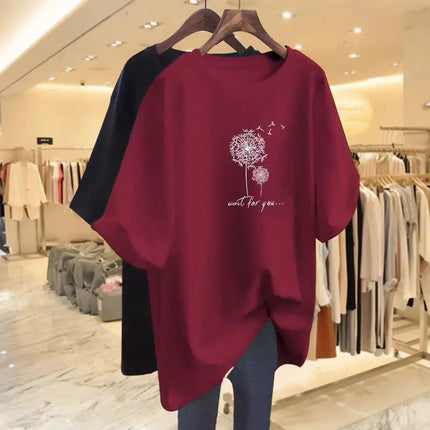 Women's Clothing O-neck Short Sleeve 100 Cotton Basic T-shirts Summer Fashion Elegant Dandelion Printing Top Tee Loose Pullovers