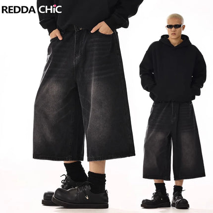 REDDACHiC Plus Size Men's Jeans Jorts Black Whiskers Cleanfit Wide Leg Casual Short Pants Hip Hop Skater Retro Summer Clothes