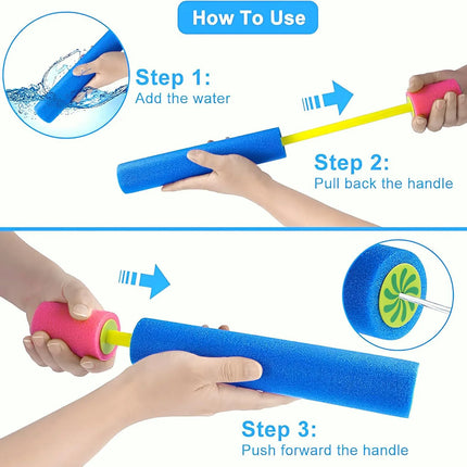 Children pull foam water gun to fight water fights manually, and many people interact on outdoor beach in summer