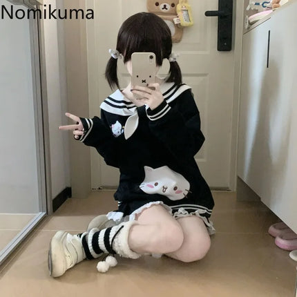 2025 Women's Clothing Japanese Sweatshirts Cute Cat Sailor Collar Loose Hoodies Cotton Thicked Fashion Casual Hoodie Ropa Mujer